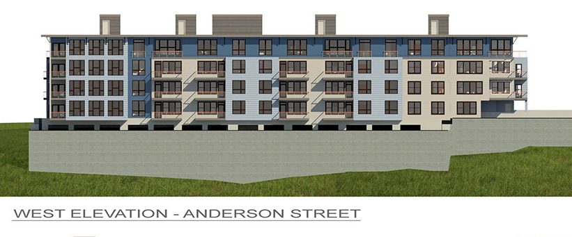These architect's renderings show a proposed five-story 45-unit condominium project at 218 Washington Ave.in Portland.