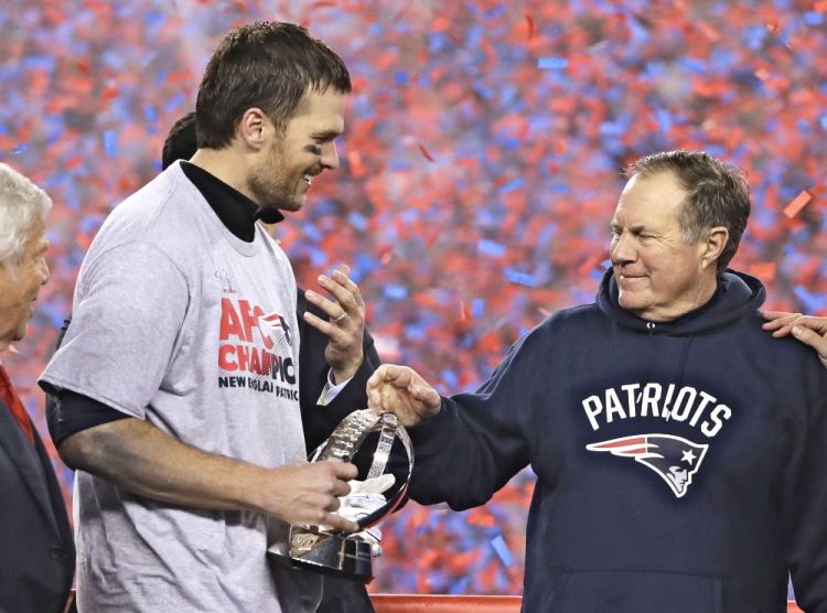 Patriots quarterback Tom Brady and coach Bill Belichick celebrate Sunday after winning their seventh AFC championship together. In a league that's all about parity, no team is supposed to be so good for so long.