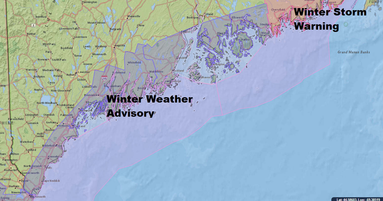Winter Weather Advisories Due To Snow Are Posted Along The Coast Of Maine