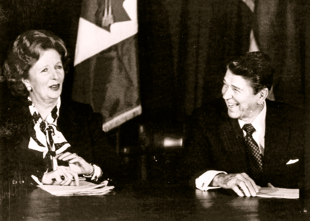 British Prime Minister Margaret Thatcher and President Reagan share a laugh during a meeting of the Allied leaders in New York on Oct. 24, 1985. 
