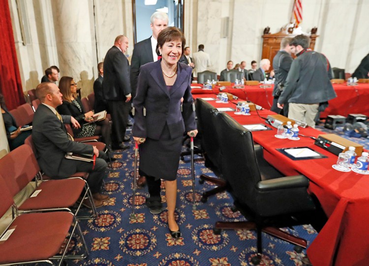 Sen. Susan Collins, R-Maine arrives on crutches at a Senate Judiciary Committee hearing for Attorney General-designate Sen. Jeff Sessions, R-Ala., last Tuesday. 