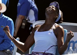 United States' Venus Williams celebrates after defeating compatriot Coco Vandeweghe during their semifinal at the Australian Open on Thursday