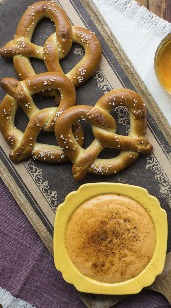 Hot soft pretzels with hot cheddar cheese beer dip.