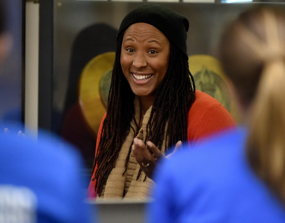 Chamique Holdsclaw meets with coaches and staff at Colby College for a discussion on depression Thursday. She also screened a documentary entitled, "Mind/Game: The Uniquiet Journey of Chamique Holdsclaw."