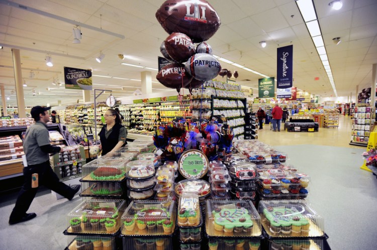 Snacks and Patriots' balloons are on display at Shaw's in Falmouth.