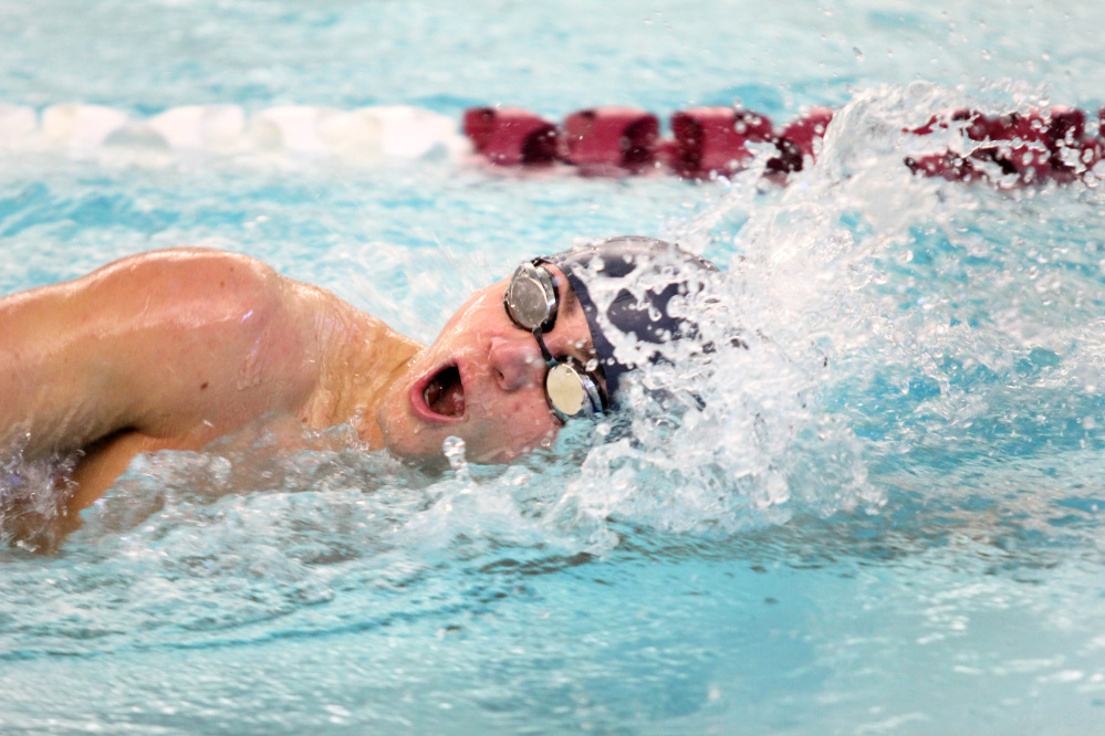 Lawrence's Zoli Nagy competes in the 100-yard freestyle at the Kennebec Valley Athletic Conference Class A meet Saturday in Bath.