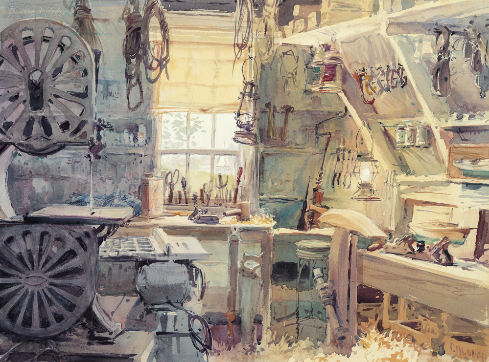 "The Maine Woodworking Shop of Raymond C. Small, 1998," watercolor by Timothy J. Clark, whose works are in the collection of the Smithsonian National Portrait Gallery in Washington, D.C.