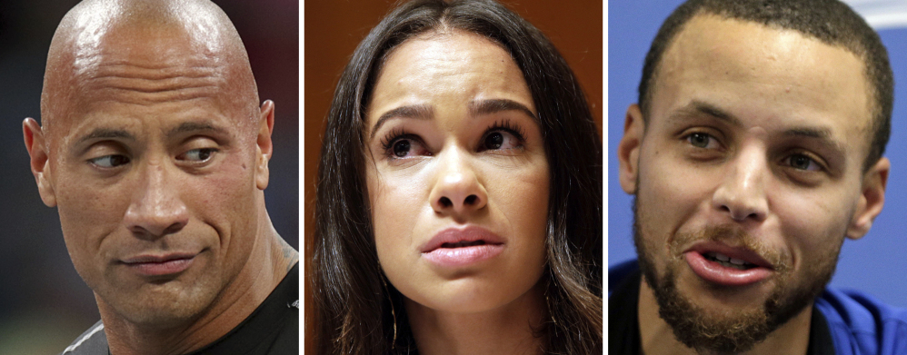 Dwayne "The Rock" Johnson, left, professional ballerina Misty Copeland and NBA superstar Stephen Curry have joined in criticizing the CEO of sports apparel company Under Armour for praising President Trump.