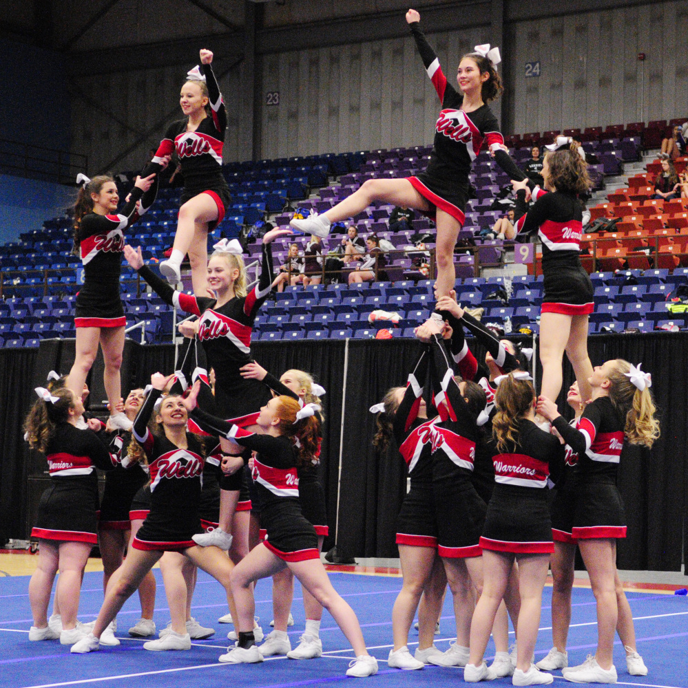 The Wells High cheerleading team followed up on its runner-up performance in the Class B South regional by placing sixth in the state championships Saturday afternoon at the Augusta Civic Center.