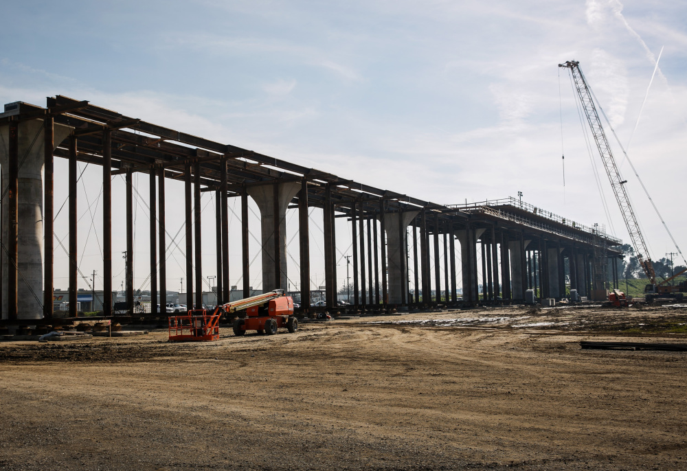 A viaduct being built to extend over Route 99 in California's Fresno County for a high-speed rail line. The state plans an 800-mile passenger system that links four of its biggest cities.