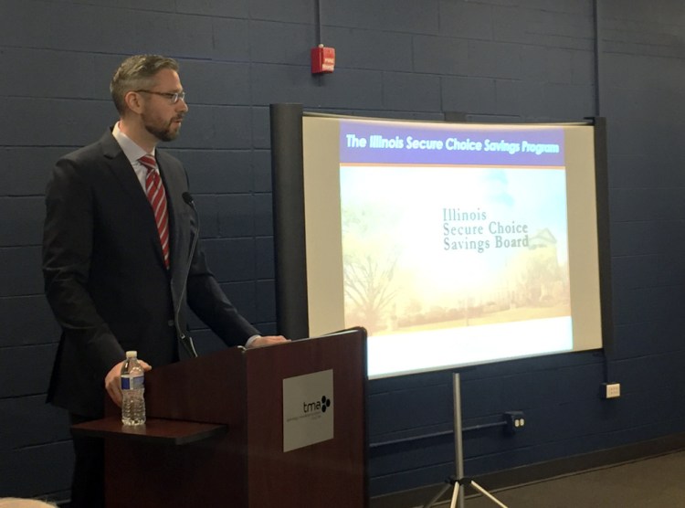Illinois Treasurer Michael Frerichs talks to small-business owners about Secure Choice IRA, a state-sponsored retirement savings plan, in Schaumburg, Ill.