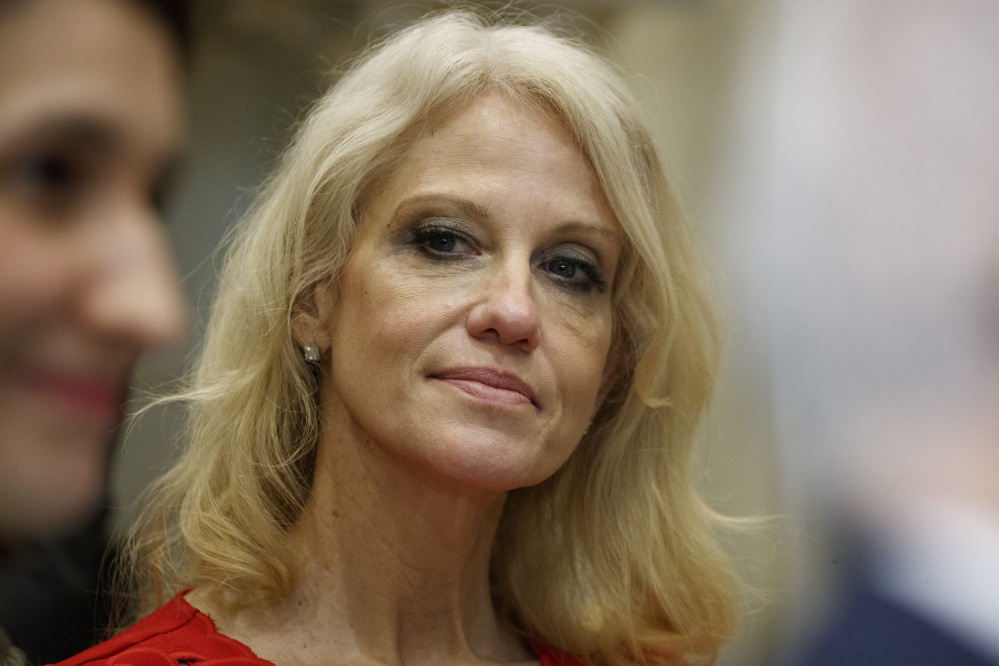 Kellyanne Conway, senior adviser to President Trump, watches during a meeting with parents and teachers Tuesday at the White House. The director of the Office of Government Ethics says Conway appeared to violate federal ethics rules when she gave "a free commercial" for Ivanka Trump during a TV interview.
