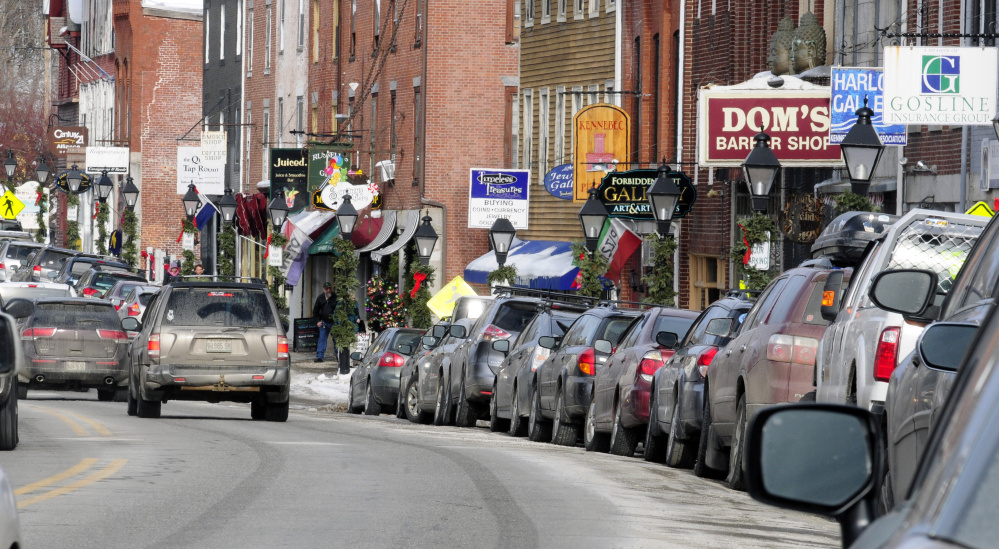 This January photo shows a long line of cars parked on Water Street in downtown Hallowell. The downtown part of the street is scheduled to be rebuilt in 2018, funded in part by a bond proposal likely to go before the city's voters this spring.