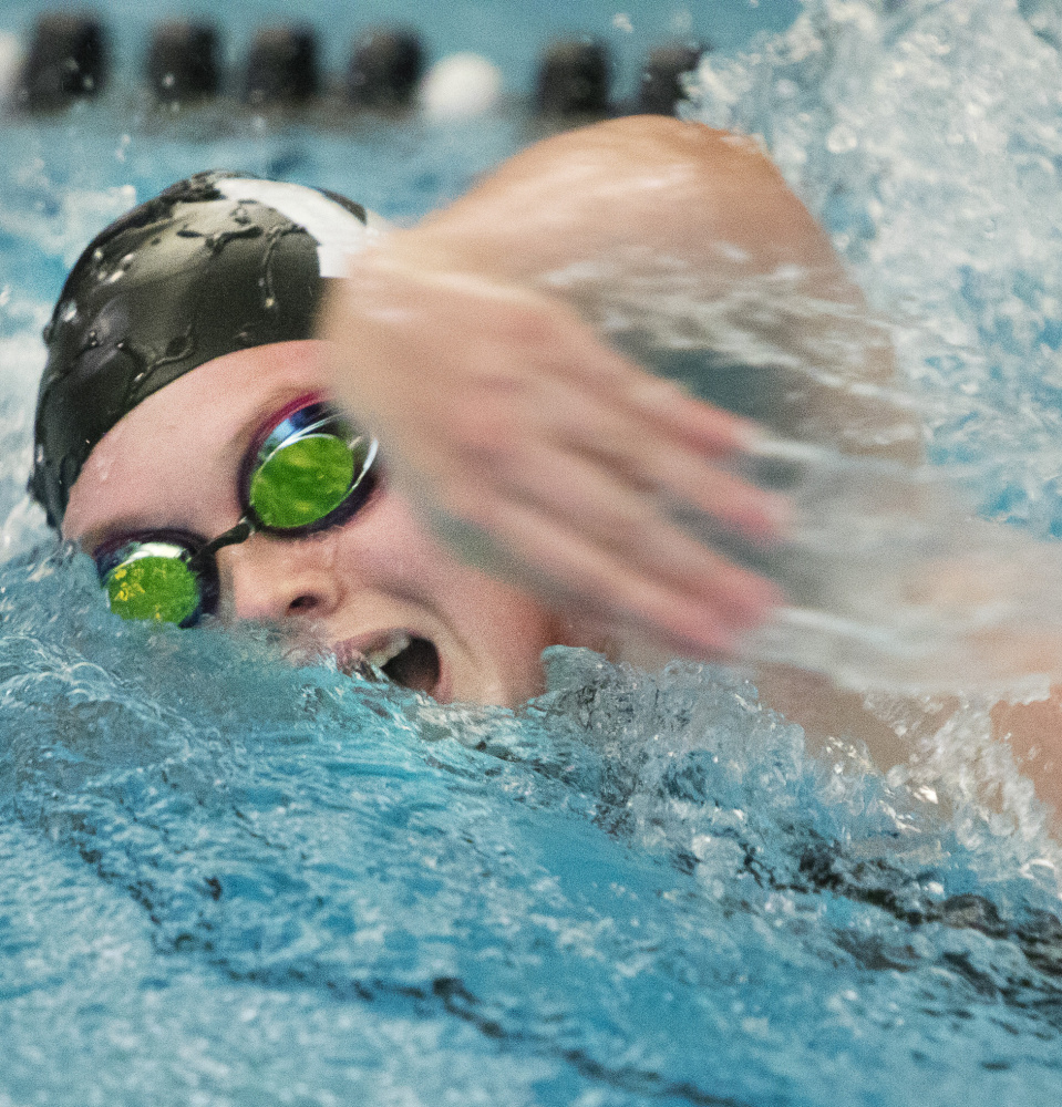 Kiera MacWhinnie of Waynflete heads to the state meet after winning the 100 freestyle and 100 backstroke in the South Southwesterns.