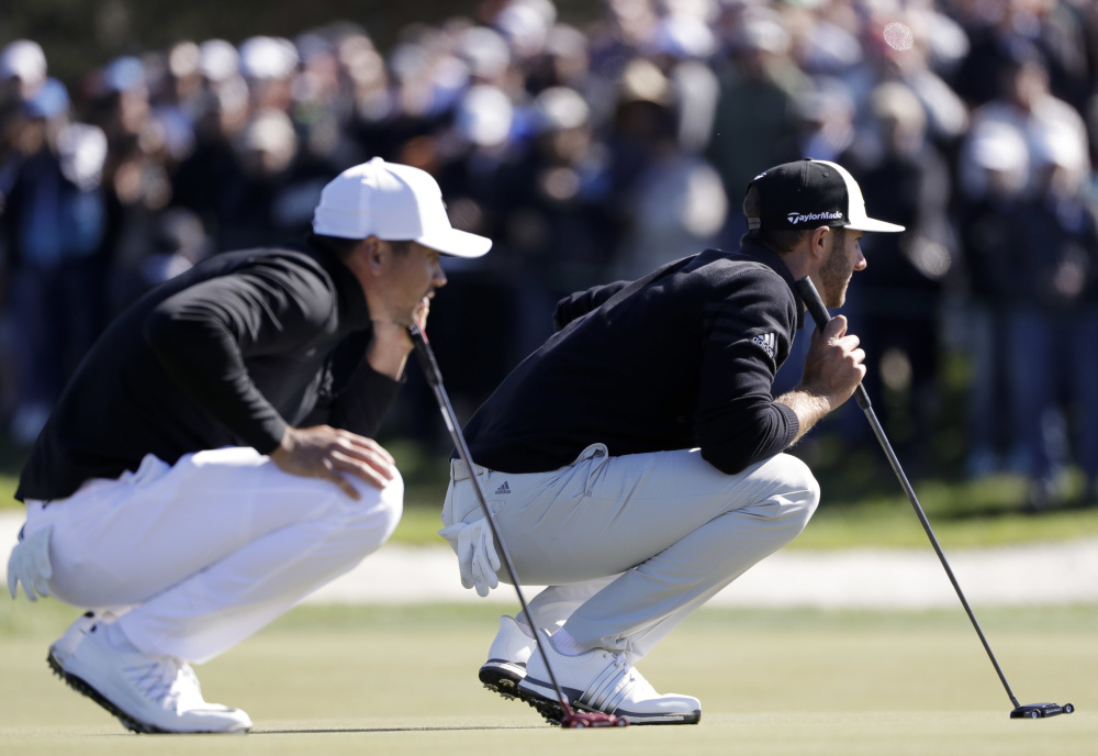 Dustin Johnson, right, could move in front of Jason Day, left, in the world rankings with a win this weekend in the Genesis Open at Riviera. Hideki Matsuyama has a shot, too.
