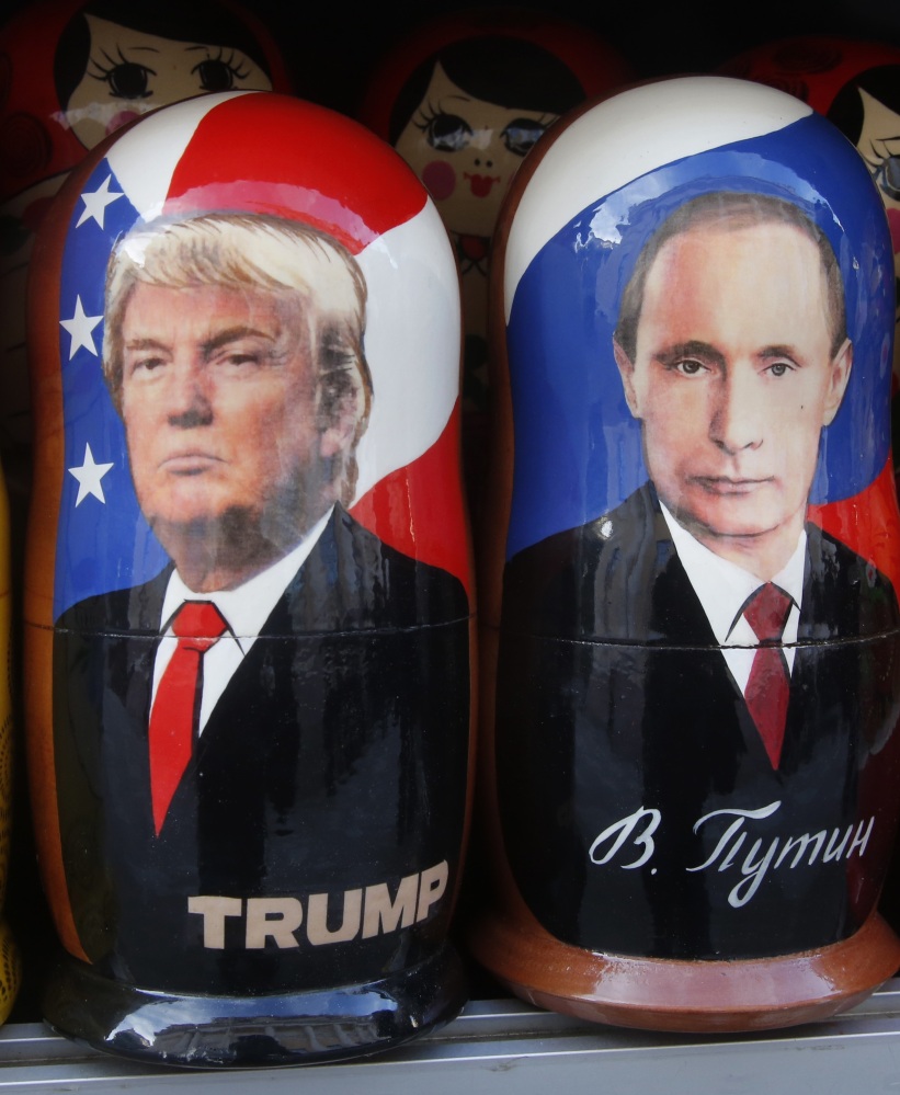 Traditional nesting dolls depicting Vladimir Putin and Donald Trump are seen for sale in St. Petersburg, Russia. Trump's election is seen in Russia as a victory for the outsider and something to be celebrated.