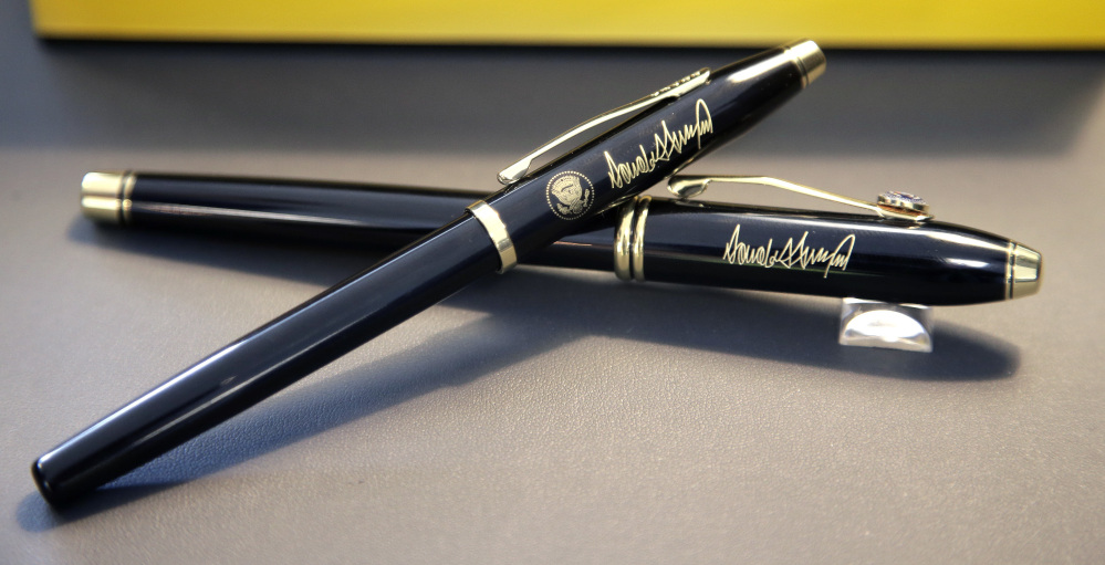 A.T. Cross Co., based in Providence, R.I.,  supplies the custom-made pens designed for President Donald Trump, featuring his signature and presidential seal. The pens are made partly in China and go through final assembly in Rhode Island.