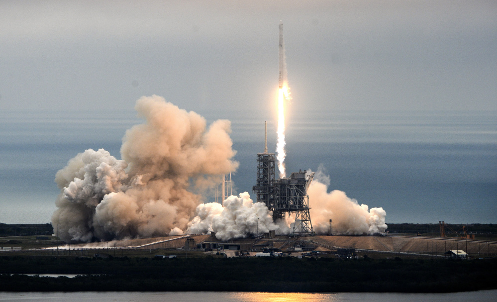 The SpaceX Falcon rocket lifts off from the Kennedy Space Center in Florida on Sunday, carrying a load of supplies for the International Space Station.