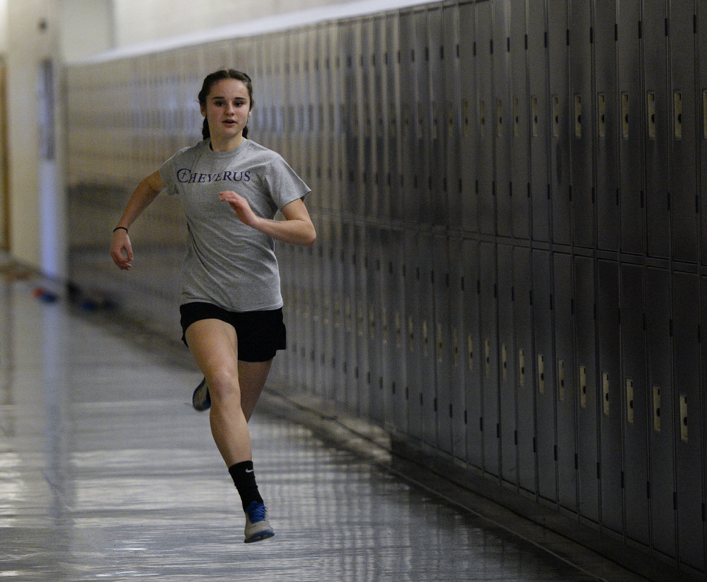 Emma Gallant, a freshman at Cheverus, is expected to play a big role in the Stags' quest for their first indoor track state title. She is seeded first in the 200 and 400, and second in the 55.