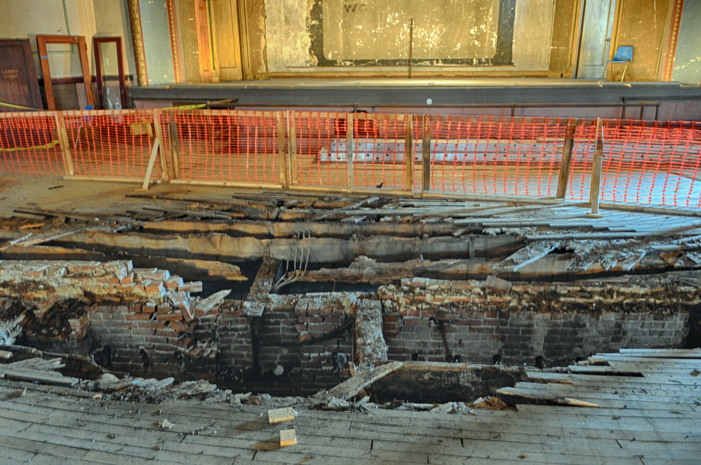 This photo taken Feb. 10 shows the hole in the floor at the Colonial Theatre in Augusta.