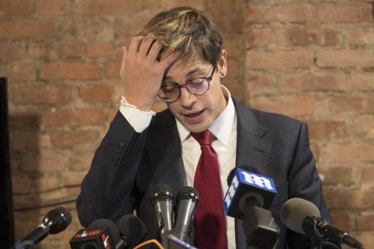 Milo Yiannopoulos speaks during a news conference Tuesday,  in New York. Yiannopoulos has resigned as editor of Breitbart Tech after coming under fire from other conservatives over comments on sexual relationships between boys and men.