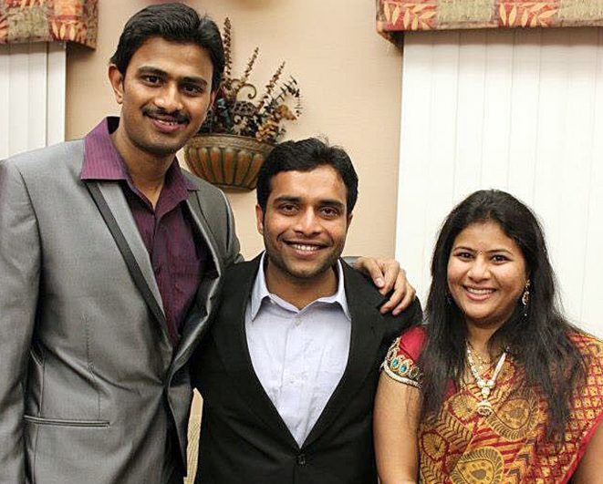 Srinivas Kuchibhotla, left, with Alok Madasani and Madasani's wife, Sunayana Dumala, in Cedar Rapids, Iowa. Kuchibhotla and Madasani were targeted in a bar by a gunman who yelled, "get out of my country," according to witnesses, and then opened fire in Olathe, Kan. Kuchibhotla died.