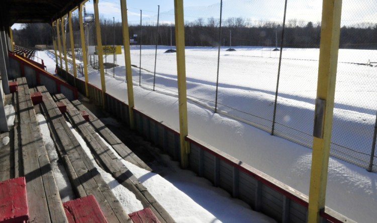 The race track at Unity Raceway, seen from the grandstand, is covered with snow on Wednesday. Plans for a race on the snow are scheduled for early March. (David Leaming/Morning Sentinel)