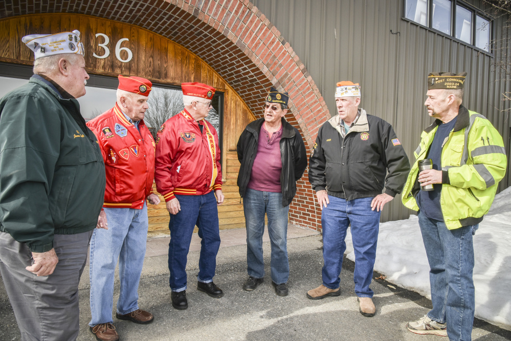 American veterans group leaders meet outside the offices of the Kennebec Journal to discuss the decline in veterans group membership. They are, from left, James Laflin,  commander of the AMVETS Post 2001 in Augusta; Ralph Sargent, junior vice commandant of Veterans of Foreign Wars Post 9 in Gardiner; Bill Schultz, commandant of Marine Corps League Kennebec Valley Detachment 599; Roger Paradis, adjutant, historian and Americanism coordinator for American Legion Smith-Wiley Post 4 in Gardiner; Roger McLane, commander of VFW Post 9 in Gardiner; and Eric Hunt, an associate member of Marine Corps League Kennebec Valley Detachment 599.