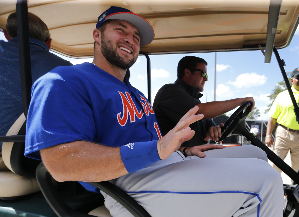Tim Tebow hopes to make a good impression on the New York Mets in spring training. He started off well, hitting nine home runs in batting practice on Monday.