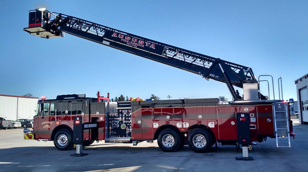 Augusta's crew of roughly 50 firefighters will have at least a month to train with their new ladder truck, above, which will be brought from Nebraska to Maine this spring.