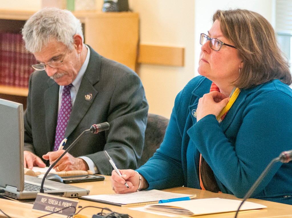 Sen. Roger Katz, R-Augusta, and Rep Teresa Pierce, D-Falmouth, co-chairs of the Legislature's Marijuana Legalization Implementation Committee, listen to testimony in February. Next week, their committee will begin reconsidering the bill that Gov. Paul LePage vetoed.