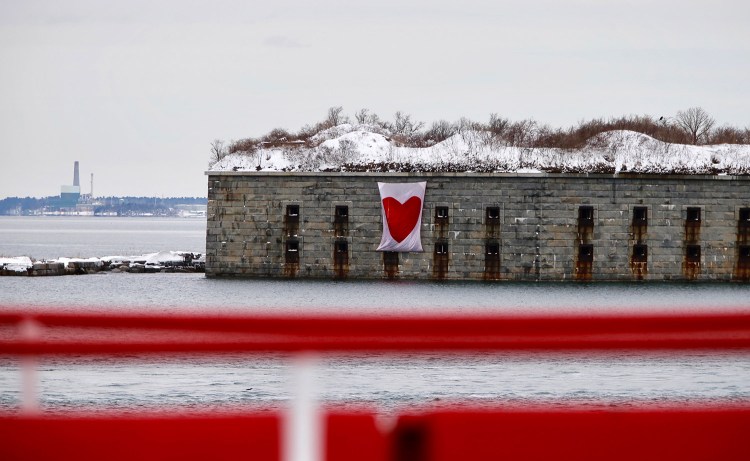 The Valentine'd Day Bandit struck in dramatic fashion on Tuesday, spreading a heartfelt message on Fort Gorges in Casco Bay, possibly the best - or the scariest – yet.