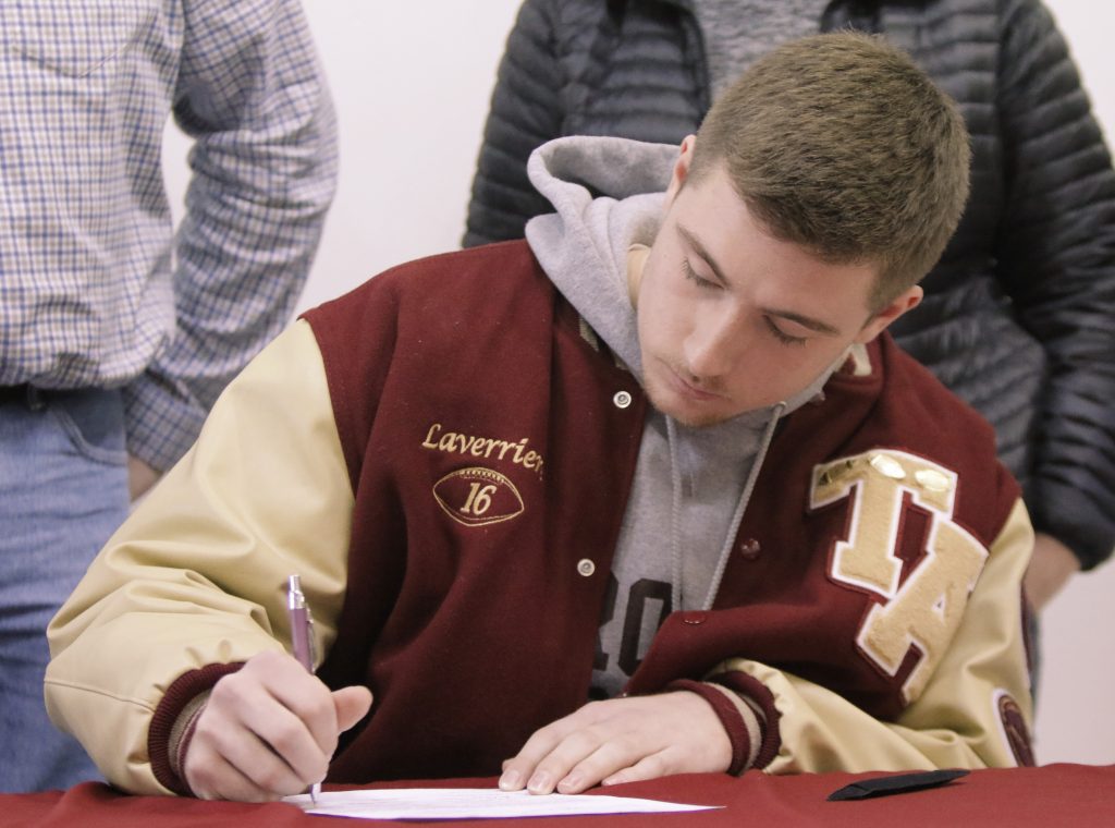 SACO, ME - FEBRUARY 1: Michael Laverriere signs a letter of intent on Wednesday morning, February 1, 2017, at Thornton Academy to play football for the University of Maine. (Staff Photo by Gregory Rec/Staff Photographer)