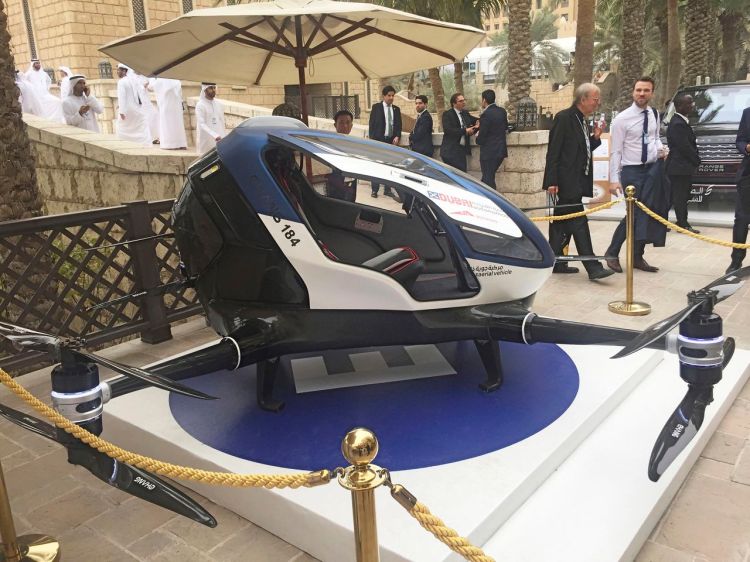 An EHang 184, a Chinese-made drone that is being tested for potential use as a Dubai air taxi, is on display at the World Government Summit in Dubai, United Arab Emirates, Monday. 