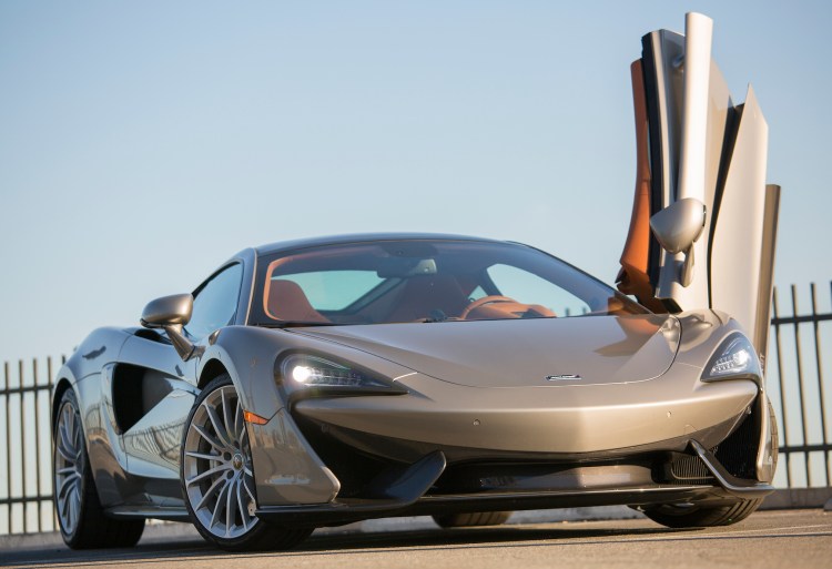 The 2017 McLaren 570GT is powered by a 3.8-liter turbocharged V-8 engine that produces 562 horsepower and 443 pound feet of torque.