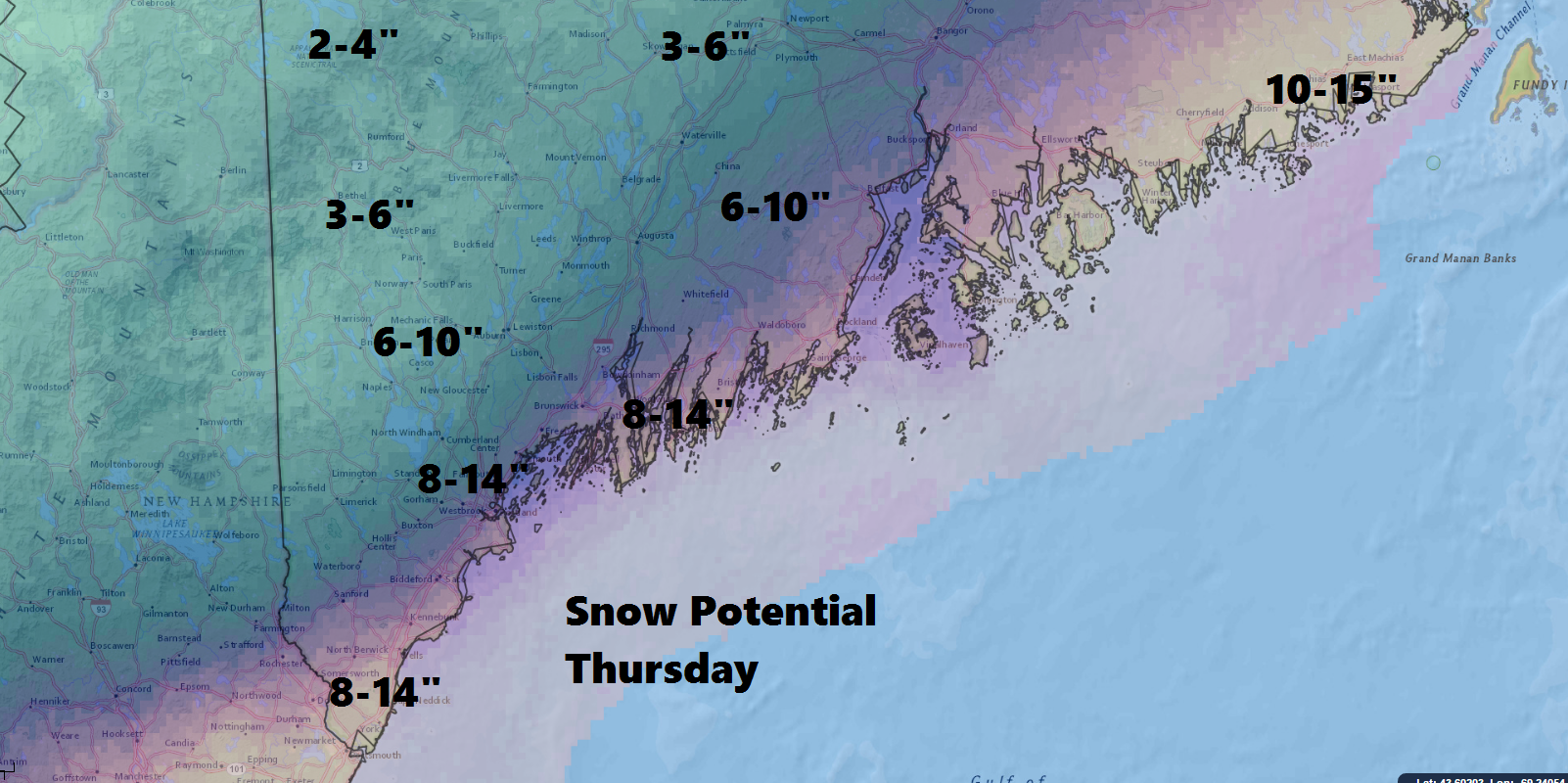 Coastal areas which will be closest to the center of the storm will see the most snow.