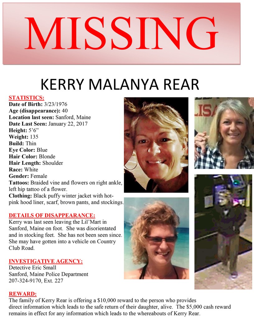 This flier was distributed in the effort to find Kerry Rear of Sanford, who was last seen Jan. 22.