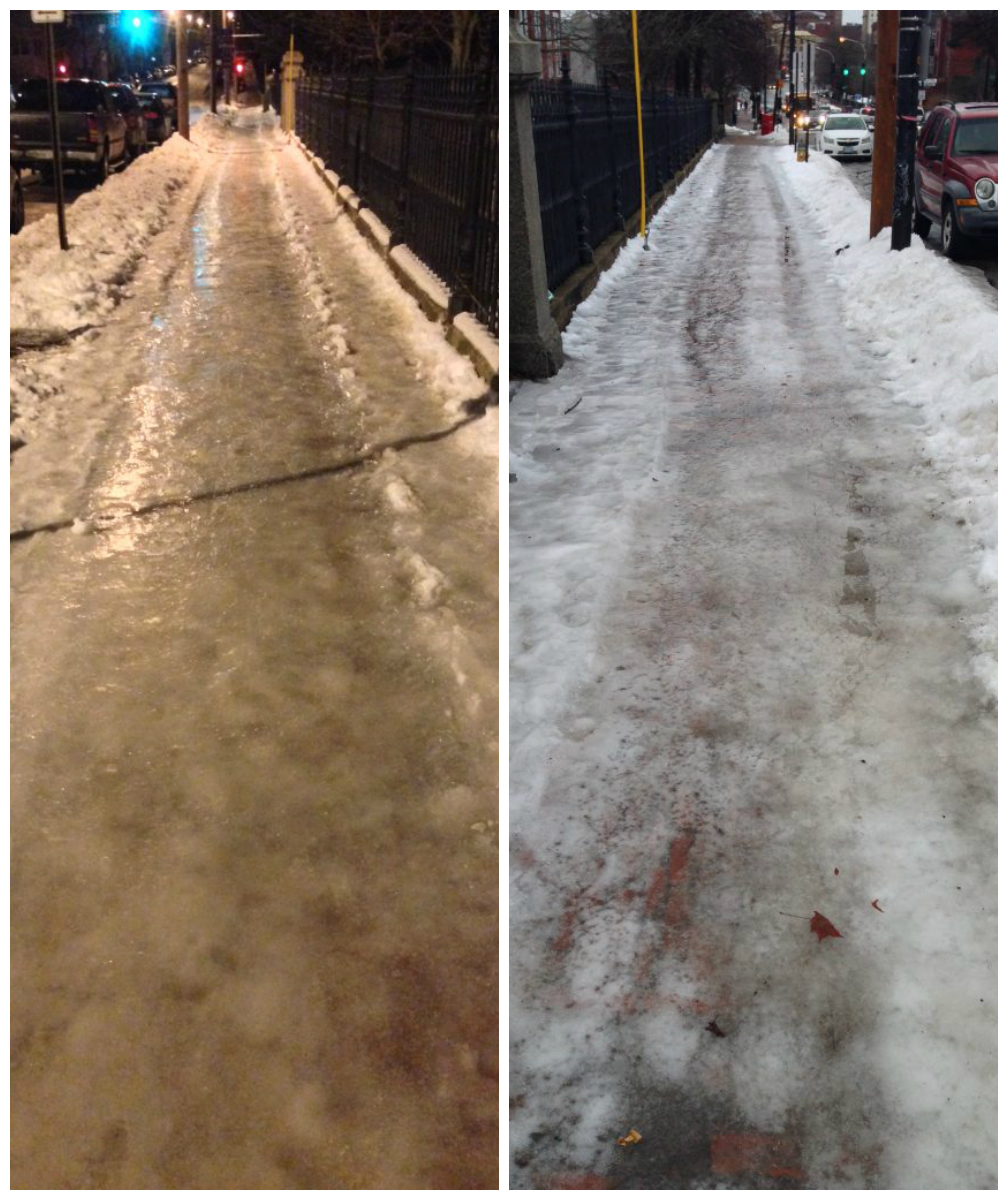 An impassable glaze of ice is still covering the Eastern Cemetery sidewalk on Congress Street on Jan. 3 (left) and Jan. 4 (right).