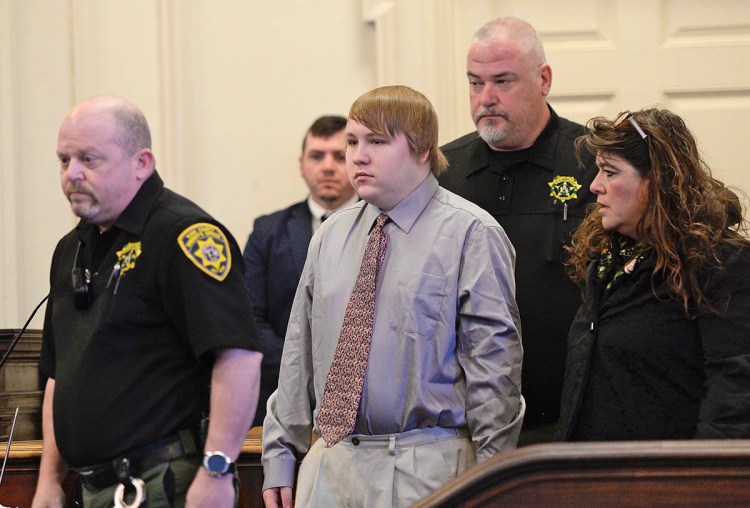 Dylan Collins appears for sentencing at the York County Courthouse on Monday. Collins' mother has said he had exhibited behavioral problems since he was a child and the problems seemed to worsen in the months leading up to the fire.