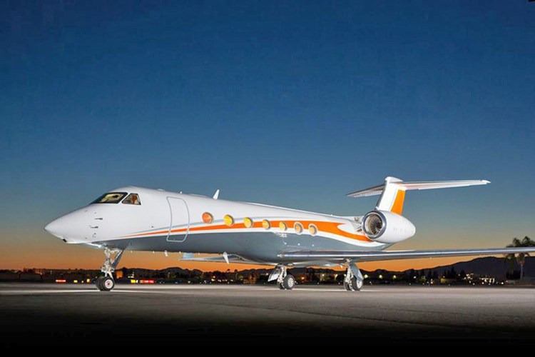 A Gulfstream 550 outfitted for last year's Super Bowl with Broncos colors).