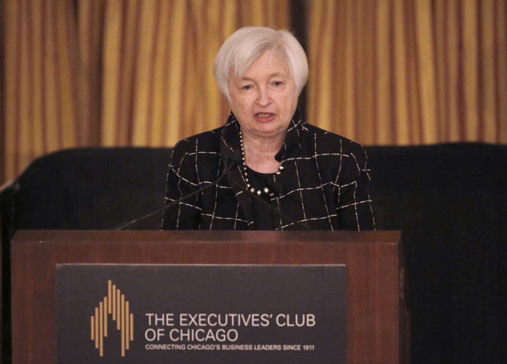 Federal Reserve Chair Janet Yellen addresses the Executives' Club of Chicago on Friday. Yellen said, "The U.S. economy has exhibited remarkable resilience in the face of adverse shocks."