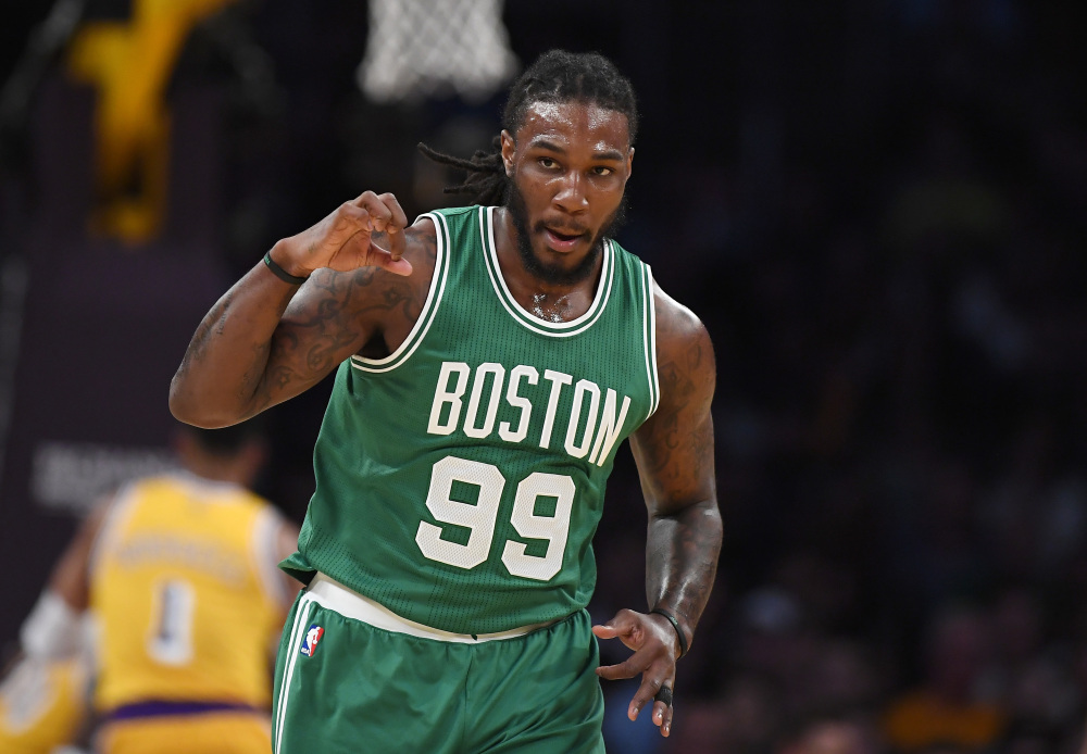 Celtics forward Jae Crowder gives a fist pump after hitting a 3-point shot in the first half. Boston took charge of the game by scoring 70 points in the first half.