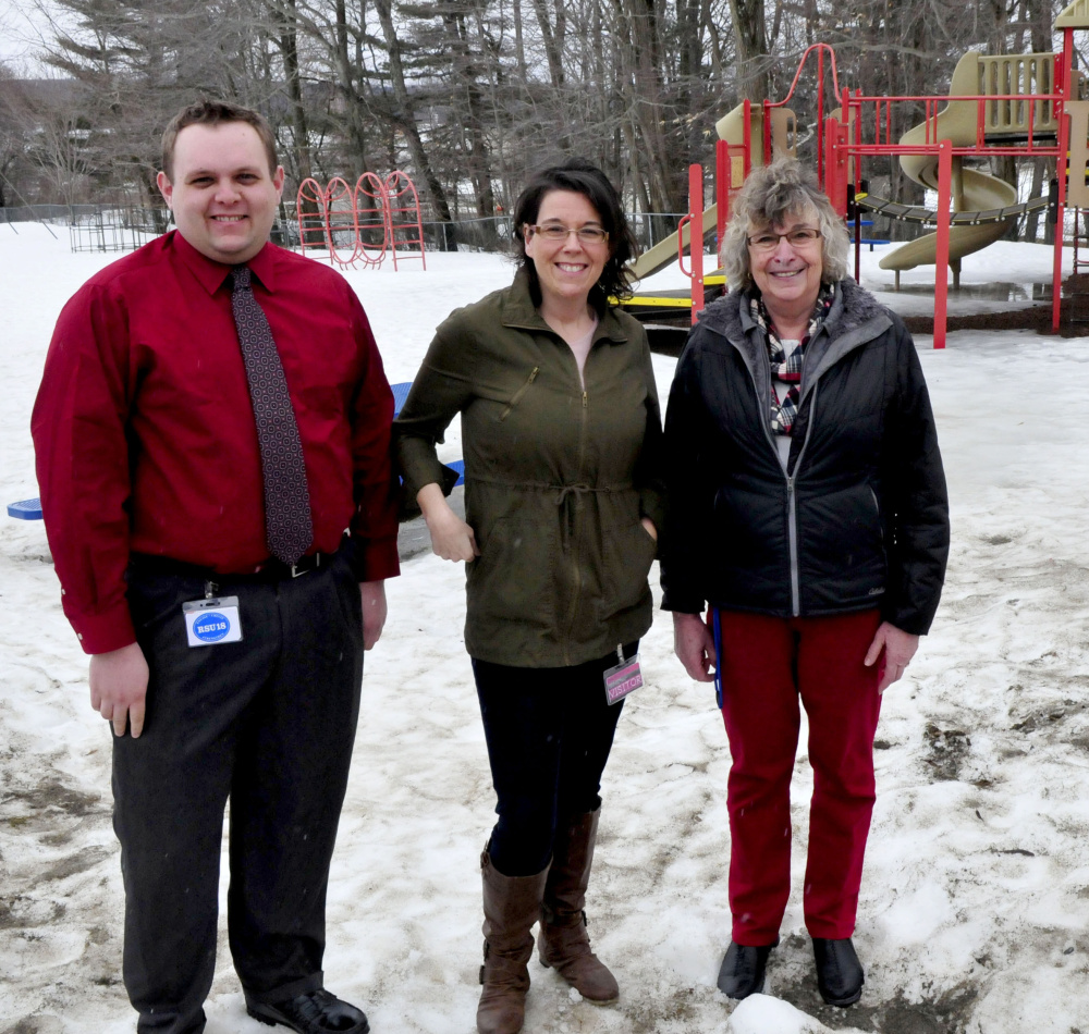 Belgrade Central School PTO members Eric Brooks, Lisa Gagne-Sengendo and principal Gwen Bacon are working to raise money for a new, more accessible playground.