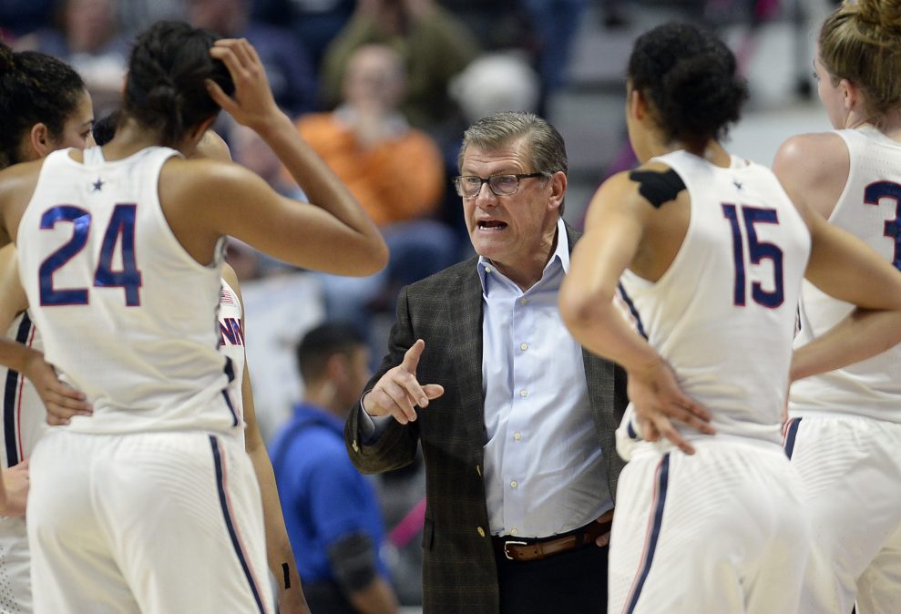 Connecticut Coach Geno Auriemma instructs his players during an American Athletic Conference semifinal Sunday against Central Florida. UConn won, 78-56.