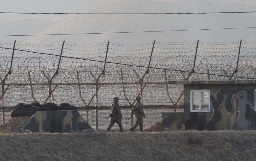 South Korean soldiers patrol in Paju, South Korea, near the border with North Korea, on Monday. U.S. missile launchers and other equipment needed to set up a controversial missile defense system have arrived in South Korea, the U.S. and South Korea said Tuesday.