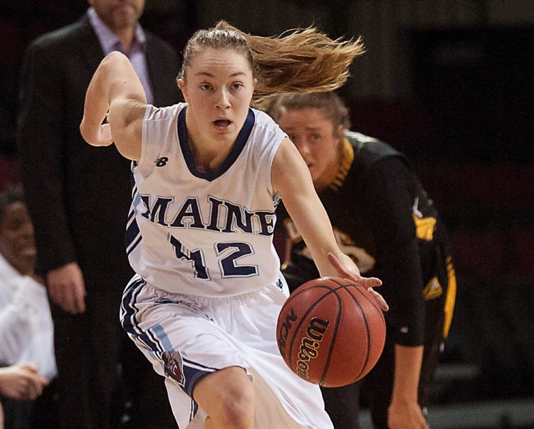 UMaine women's basketball player Sigi Koizar takes off up court after a steal in the  second half of the team's America East game against UMBC at the Cross Insurance Center in Bangor on Jan. 10. (Press Herald file)