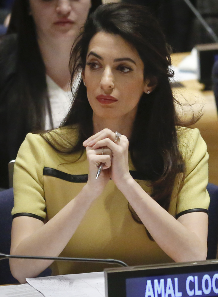 Human rights lawyer Amal Clooney attends a meeting at the United Nations.
