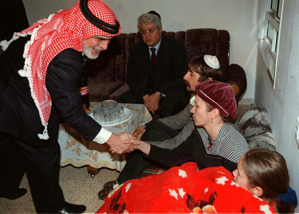 King Hussein of Jordan shakes the hands of members of the Badayev family in 1997 as they mourned after their daughter Shiri was killed by a Jordanian gunman. Hussein came to Israel to offer condolences to the seven families who had lost their daughters.