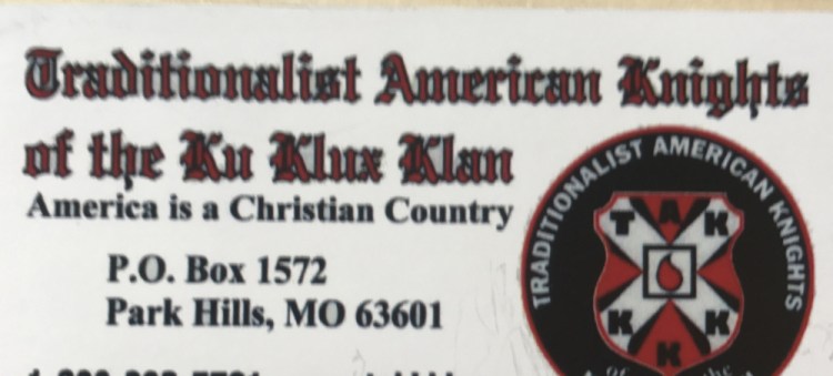Hallowell resident Sarah Bigney says she found this Ku Klux Klan business card on the windshield of her car Monday. Bigney says she believes she was targeted because of the "Black Lives Matter" bumper sticker on her vehicle.