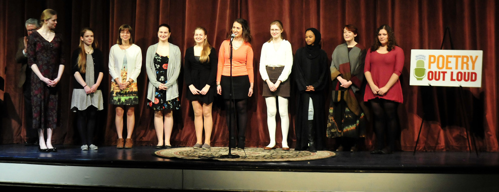 The 10 high school students assemble on stage prior to competing in the Poetry Out Loud finals at the Waterville Opera House on Monday. The winner of the state finals – Gabrielle Cooper of Gardiner Area High School – will move on to national competition in Washington, D.C. The event is organized by the National Endowment for the Arts and Poetry Foundation and administered by the Maine Arts Commission.